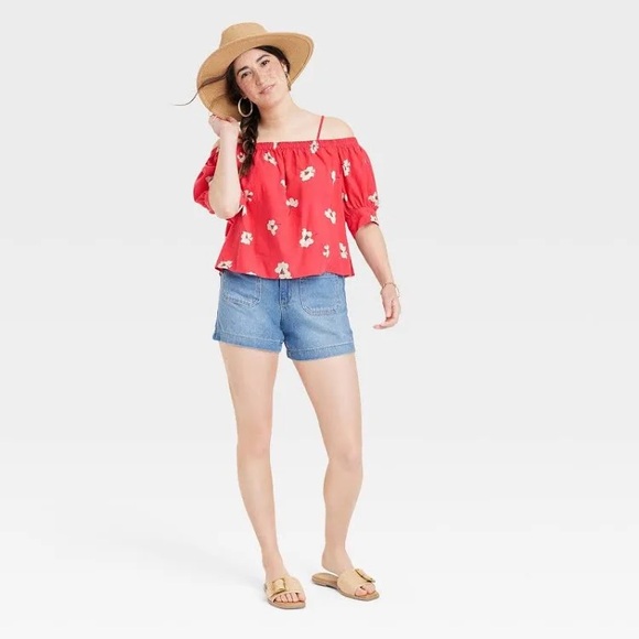 Women's Puff Elbow Sleeve Blouse - Universal Thread Red Floral S - Picture 2 of 3